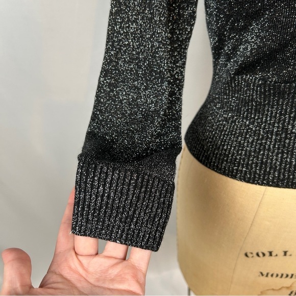 Ramy Brook New York Silver Metallic Shiny Knit Black Tie Neck Sweater - Picture 6 of 10